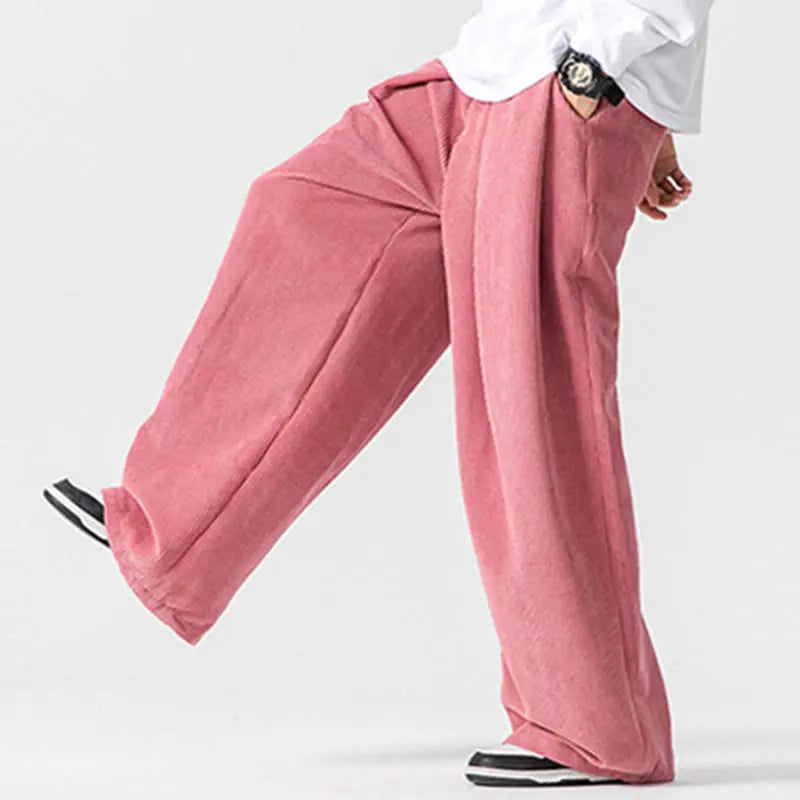 Buddha Stones Solid Color Cotton Corduroy Men's Wide Leg Pants With Pockets BS