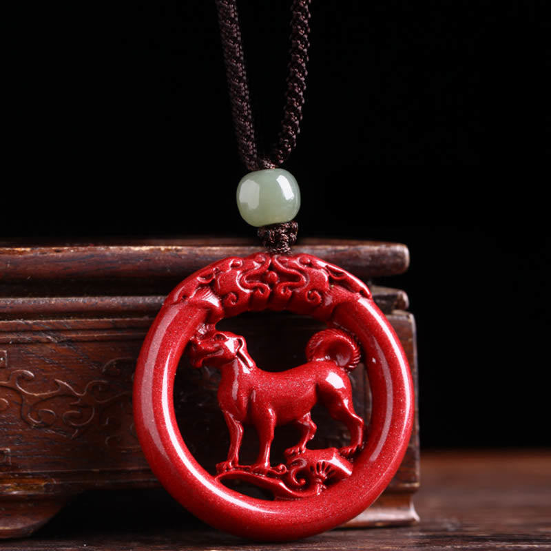 Buddha Stones Chinese Zodiac Cinnabar Hetian Jade Peace Buckle Calm Necklace Pendant BS