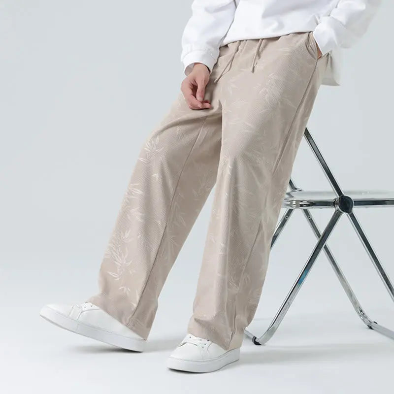 Buddha Stones Bamboo Pattern Corduroy Men's Wide Leg Pants With Pockets BS