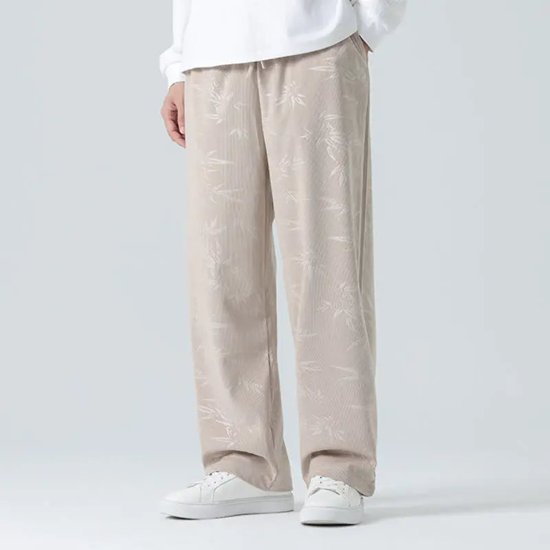 Buddha Stones Bamboo Pattern Corduroy Men's Wide Leg Pants With Pockets BS
