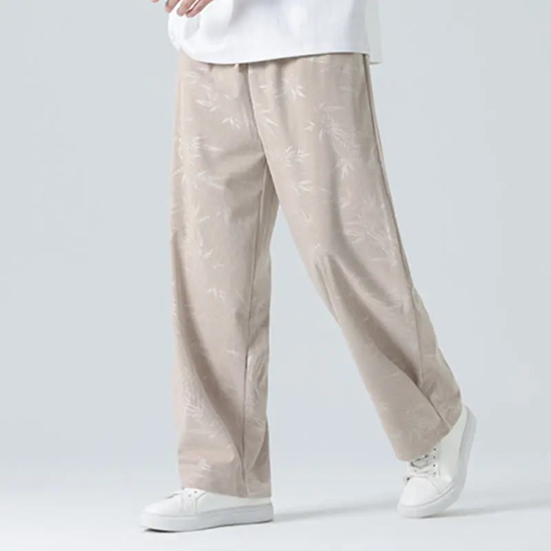 Buddha Stones Bamboo Pattern Corduroy Men's Wide Leg Pants With Pockets BS