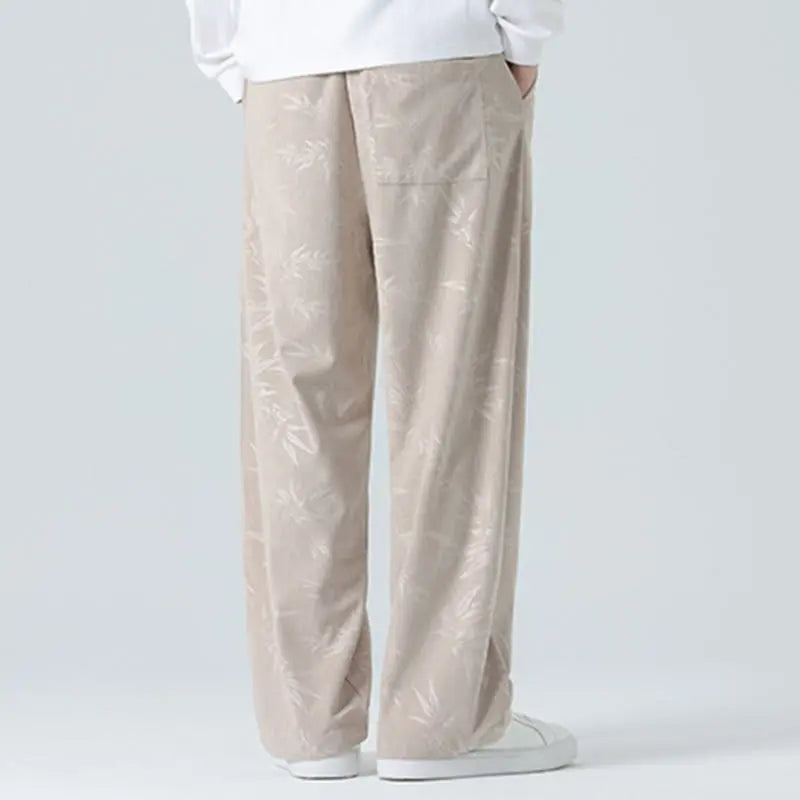 Buddha Stones Bamboo Pattern Corduroy Men's Wide Leg Pants With Pockets BS