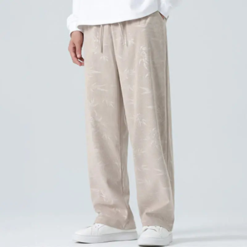 Buddha Stones Bamboo Pattern Corduroy Men's Wide Leg Pants With Pockets BS