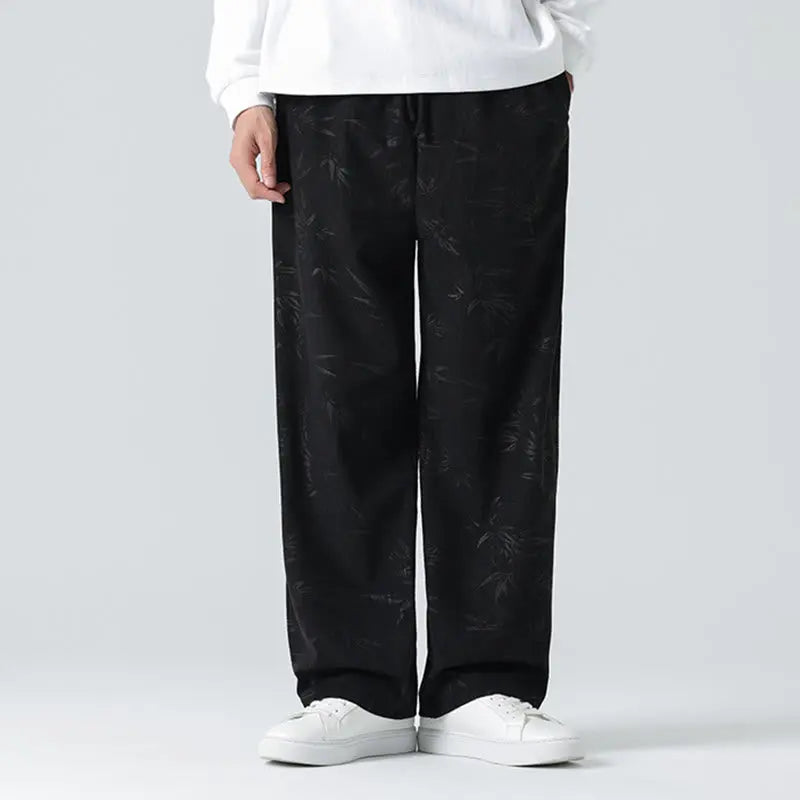 Buddha Stones Bamboo Pattern Corduroy Men's Wide Leg Pants With Pockets BS