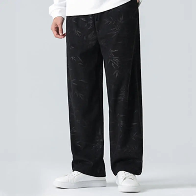 Buddha Stones Bamboo Pattern Corduroy Men's Wide Leg Pants With Pockets BS