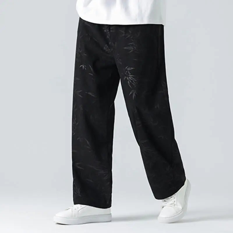 Buddha Stones Bamboo Pattern Corduroy Men's Wide Leg Pants With Pockets BS