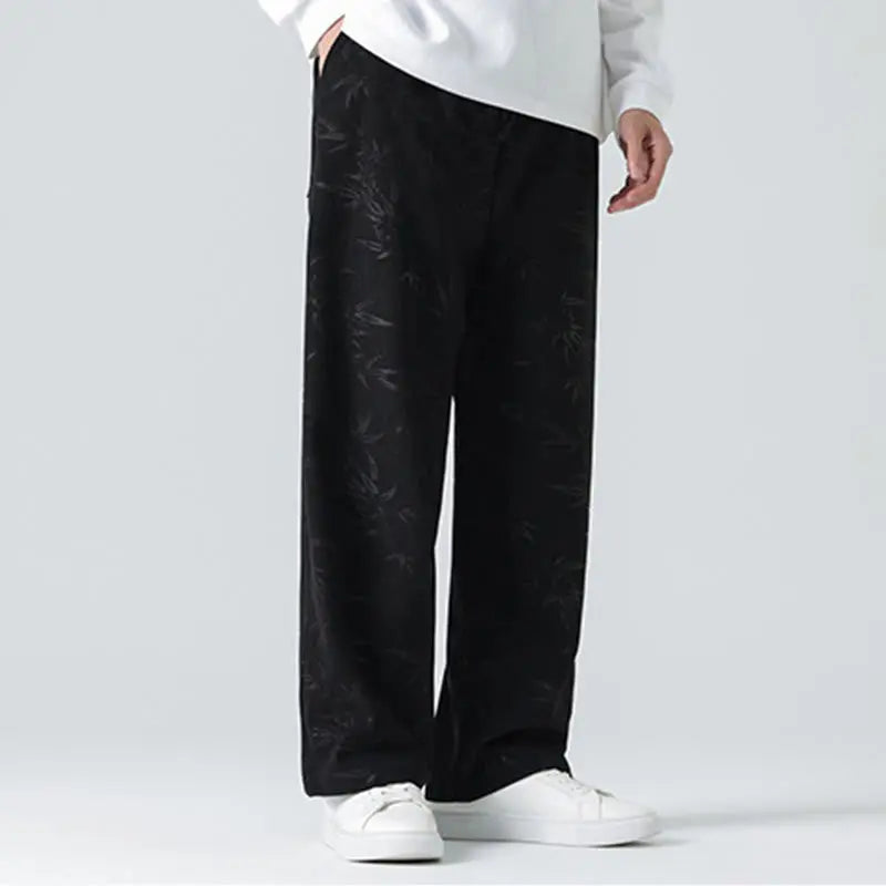 Buddha Stones Bamboo Pattern Corduroy Men's Wide Leg Pants With Pockets BS