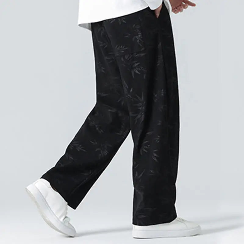 Buddha Stones Bamboo Pattern Corduroy Men's Wide Leg Pants With Pockets BS