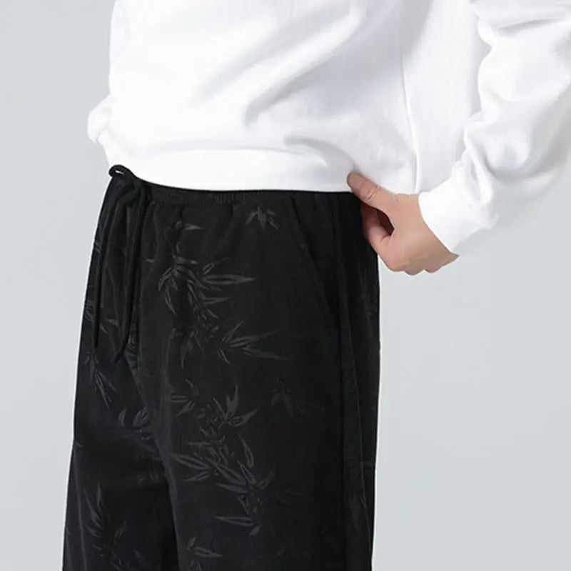 Buddha Stones Bamboo Pattern Corduroy Men's Wide Leg Pants With Pockets BS