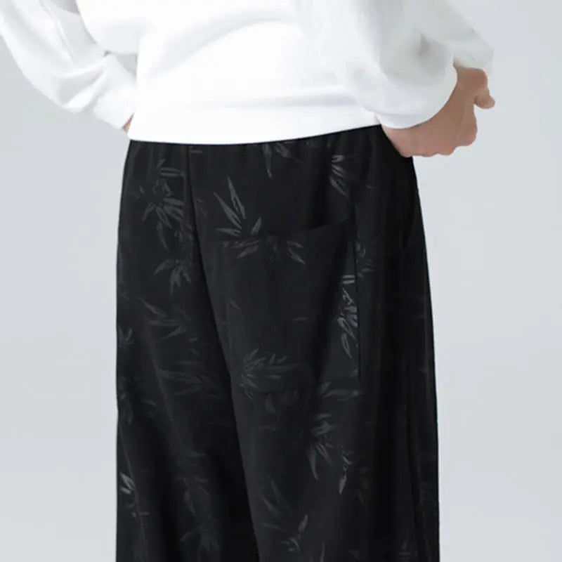 Buddha Stones Bamboo Pattern Corduroy Men's Wide Leg Pants With Pockets BS