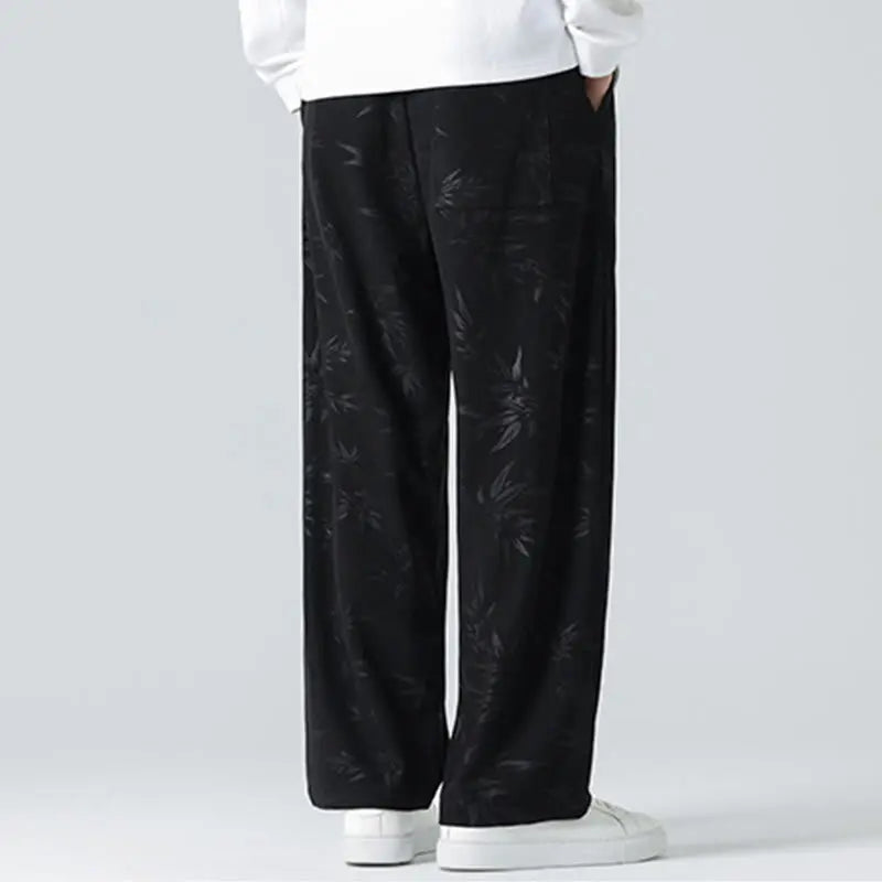 Buddha Stones Bamboo Pattern Corduroy Men's Wide Leg Pants With Pockets BS
