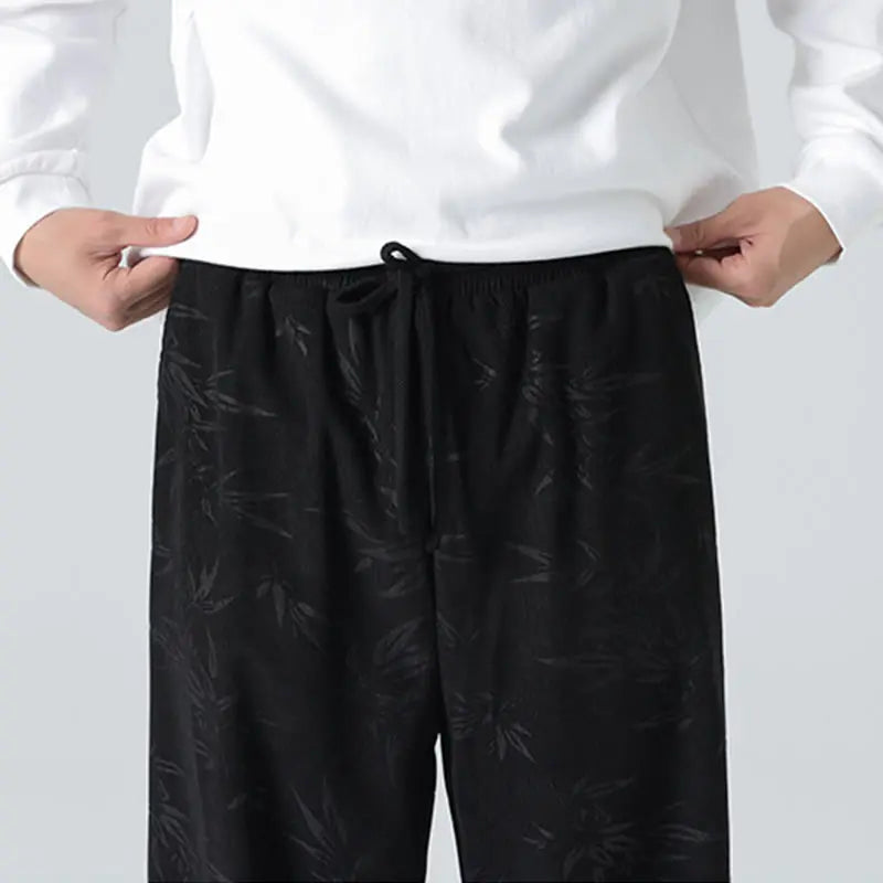 Buddha Stones Bamboo Pattern Corduroy Men's Wide Leg Pants With Pockets BS