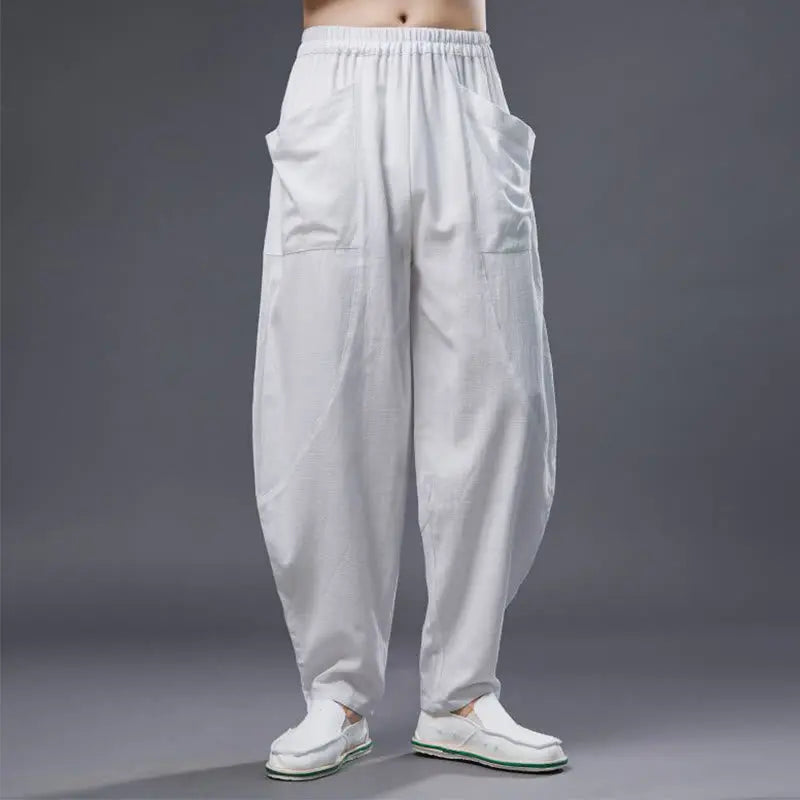 Buddha Stones Solid Color Cotton Ramie Linen Men's Elastic Waist Harem Pants With Pockets BS