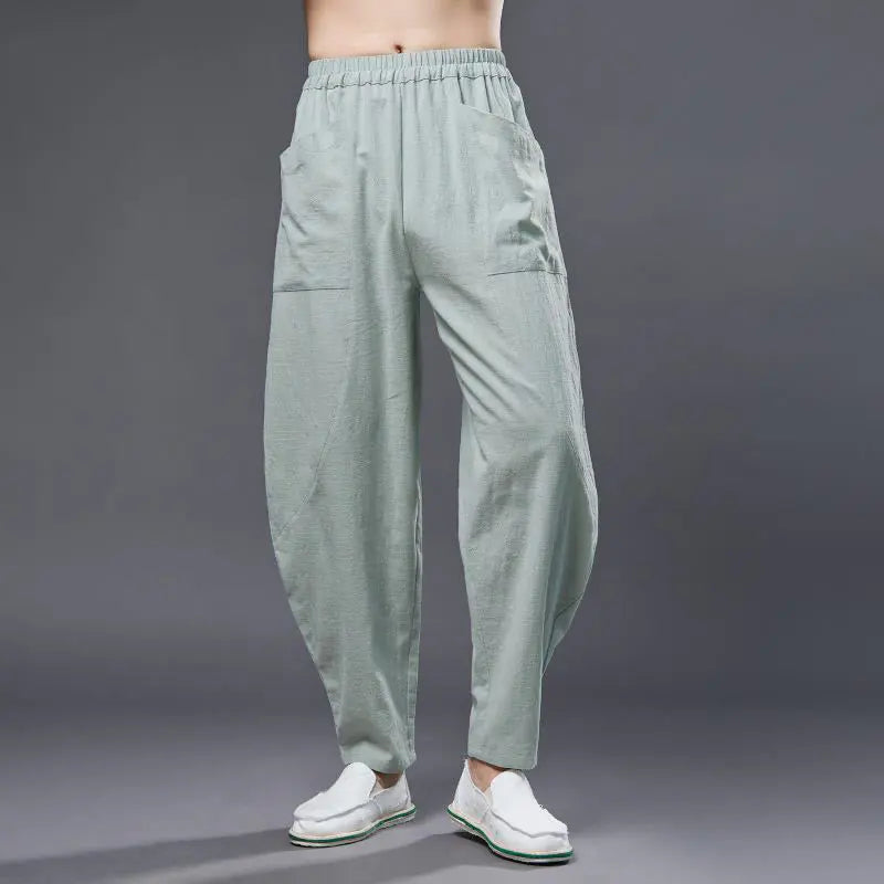 Buddha Stones Solid Color Cotton Ramie Linen Men's Elastic Waist Harem Pants With Pockets BS