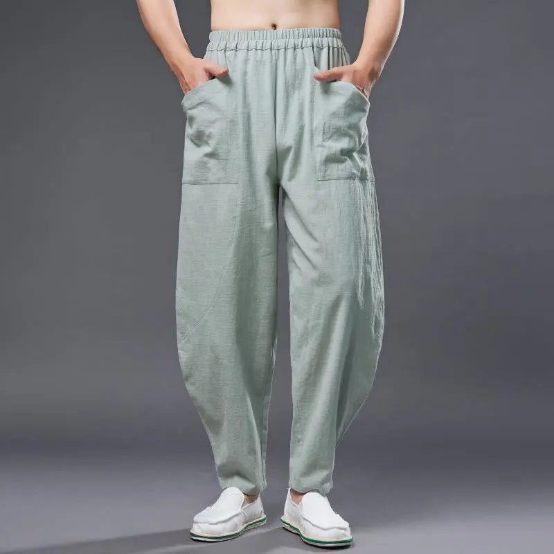Buddha Stones Solid Color Cotton Ramie Linen Men's Elastic Waist Harem Pants With Pockets BS