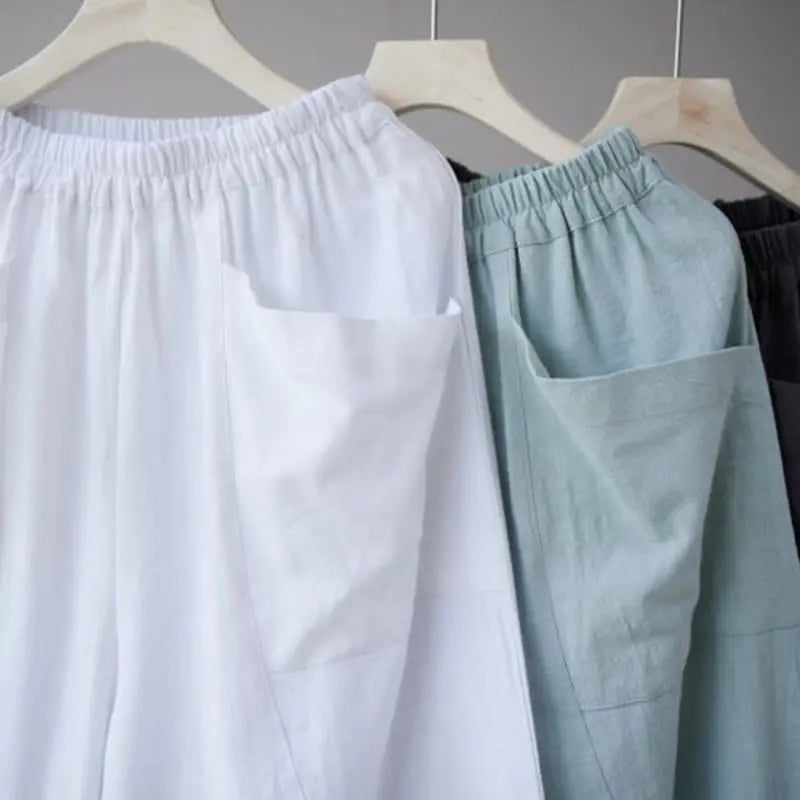 Buddha Stones Solid Color Cotton Ramie Linen Men's Elastic Waist Harem Pants With Pockets BS