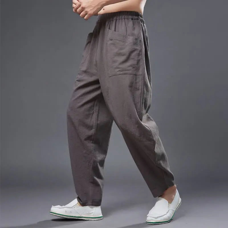 Buddha Stones Solid Color Cotton Ramie Linen Men's Elastic Waist Harem Pants With Pockets BS