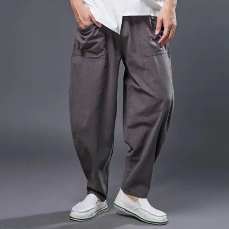 Buddha Stones Solid Color Cotton Ramie Linen Men's Elastic Waist Harem Pants With Pockets BS