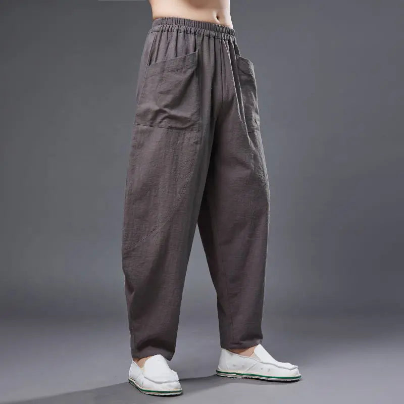 Buddha Stones Solid Color Cotton Ramie Linen Men's Elastic Waist Harem Pants With Pockets BS