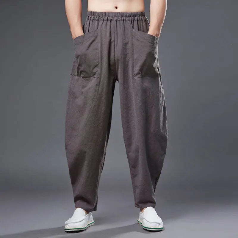 Buddha Stones Solid Color Cotton Ramie Linen Men's Elastic Waist Harem Pants With Pockets BS