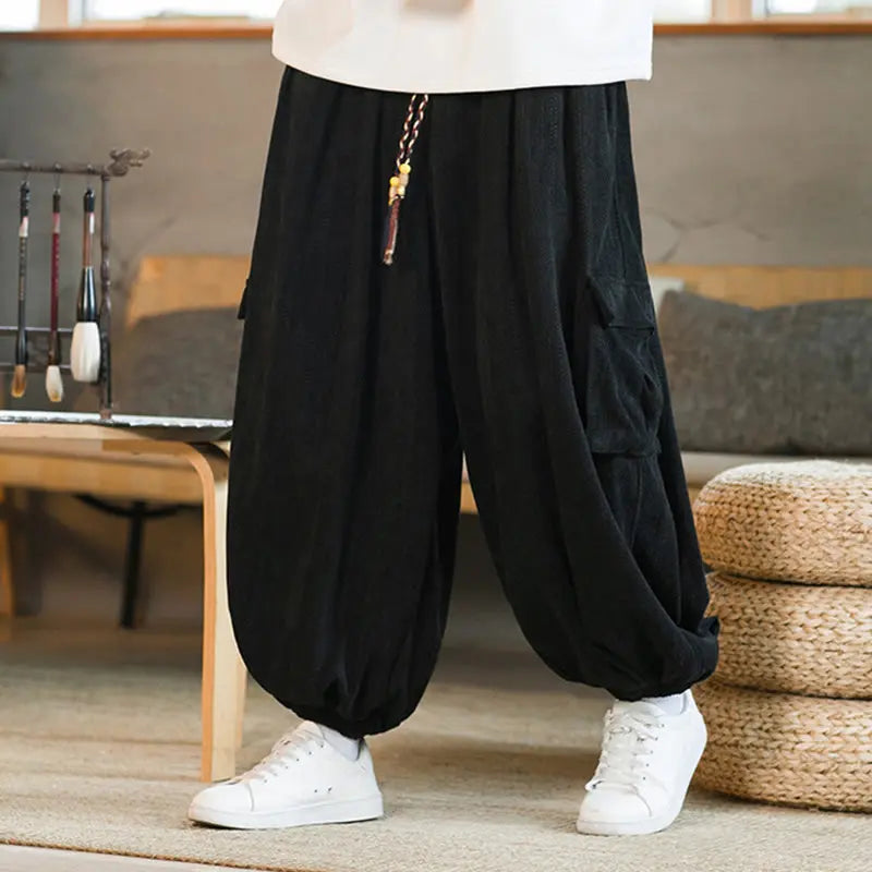 Buddha Stones Fall Winter Men's Drawstring Chenille Corduroy Cargo Pants With Pockets BS