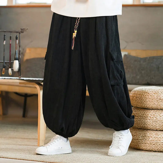 Buddha Stones Fall Winter Men's Drawstring Chenille Corduroy Cargo Pants With Pockets BS