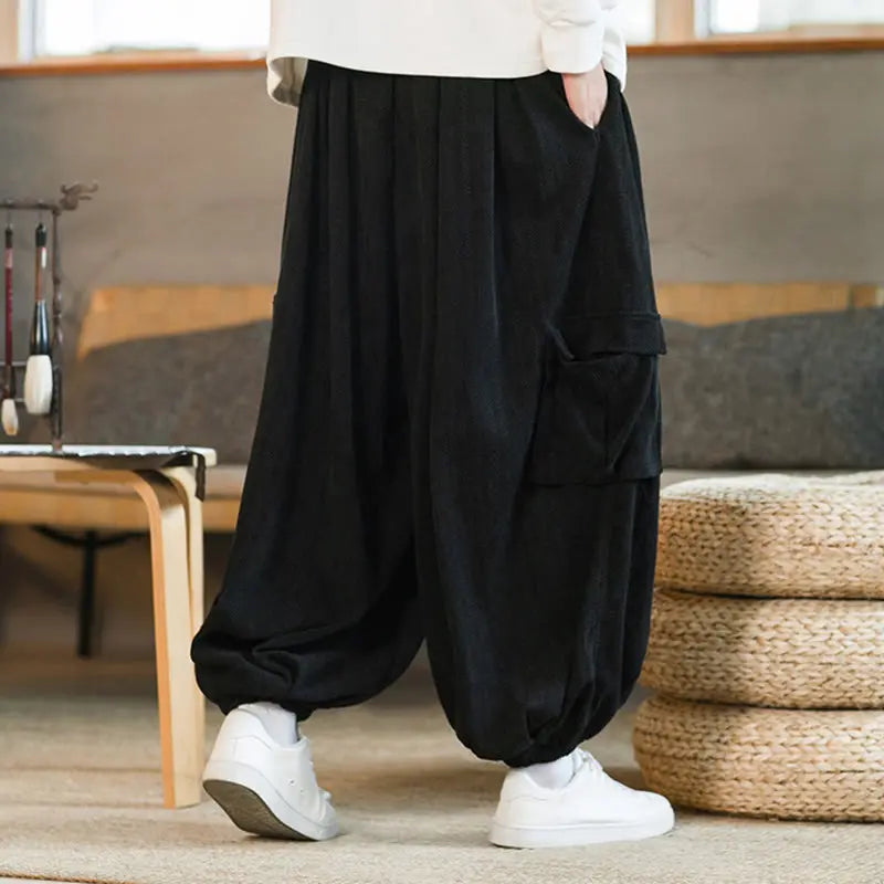 Buddha Stones Fall Winter Men's Drawstring Chenille Corduroy Cargo Pants With Pockets BS