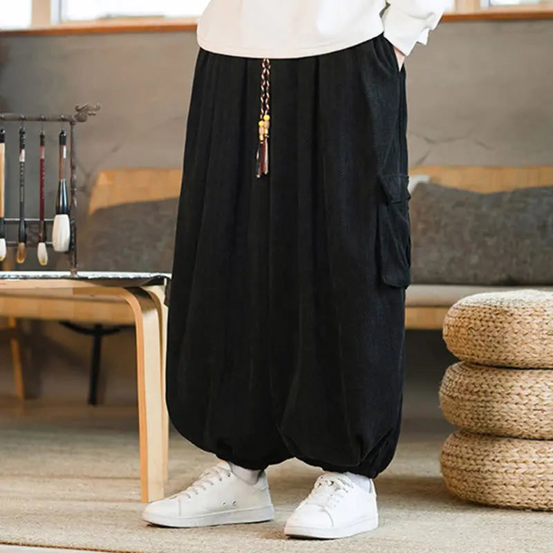 Buddha Stones Fall Winter Men's Drawstring Chenille Corduroy Cargo Pants With Pockets BS