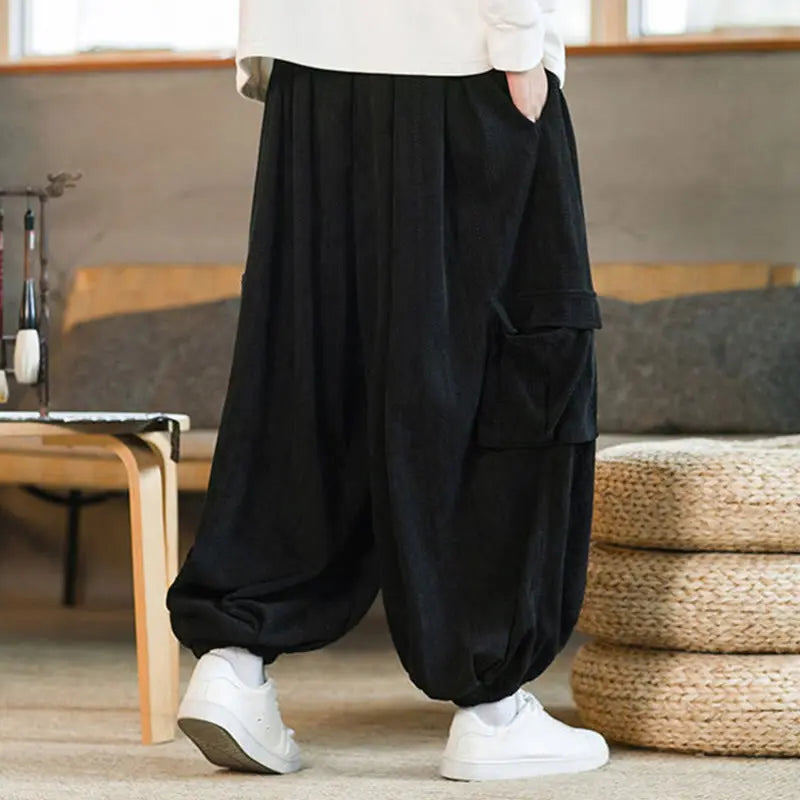 Buddha Stones Fall Winter Men's Drawstring Chenille Corduroy Cargo Pants With Pockets BS
