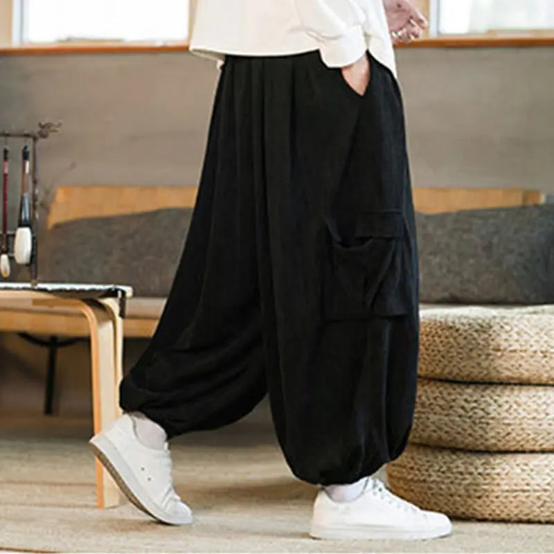 Buddha Stones Fall Winter Men's Drawstring Chenille Corduroy Cargo Pants With Pockets BS