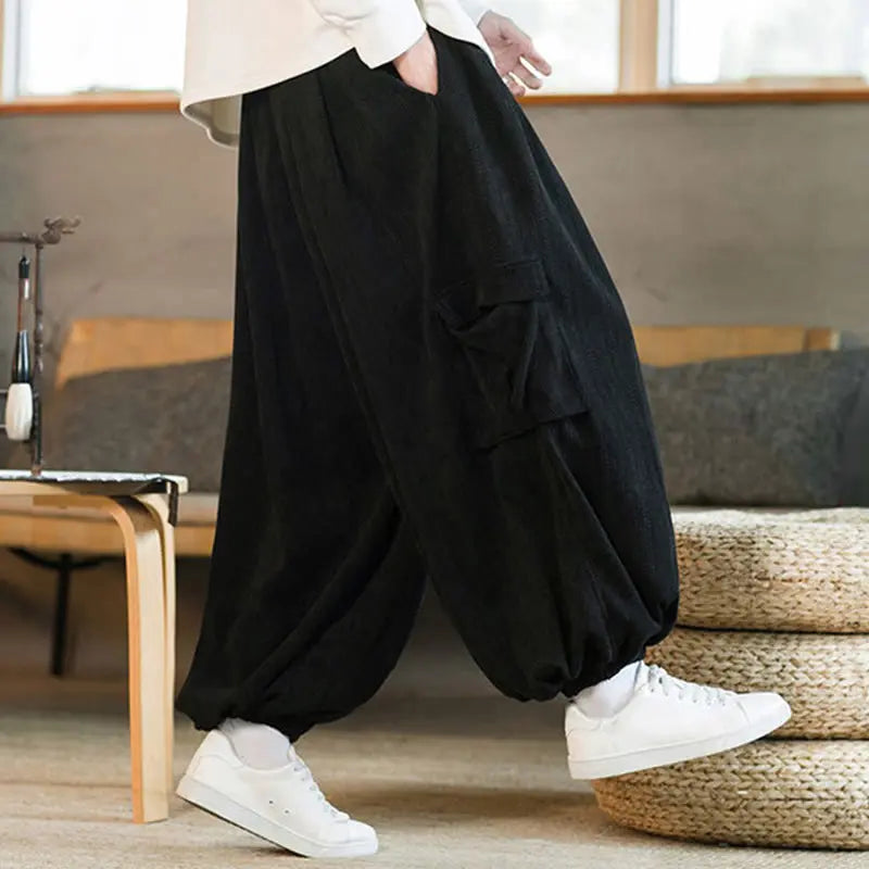 Buddha Stones Fall Winter Men's Drawstring Chenille Corduroy Cargo Pants With Pockets BS