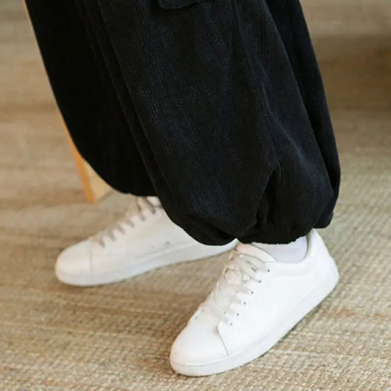 Buddha Stones Fall Winter Men's Drawstring Chenille Corduroy Cargo Pants With Pockets BS