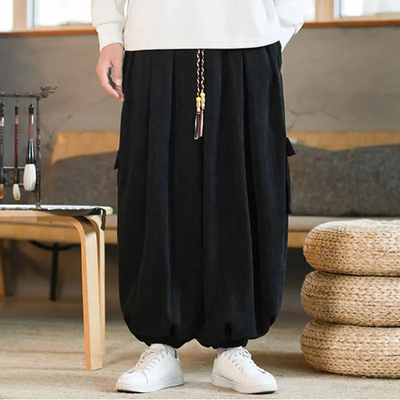 Buddha Stones Fall Winter Men's Drawstring Chenille Corduroy Cargo Pants With Pockets BS