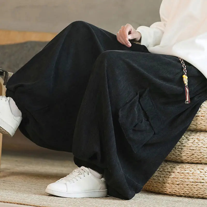 Buddha Stones Fall Winter Men's Drawstring Chenille Corduroy Cargo Pants With Pockets BS