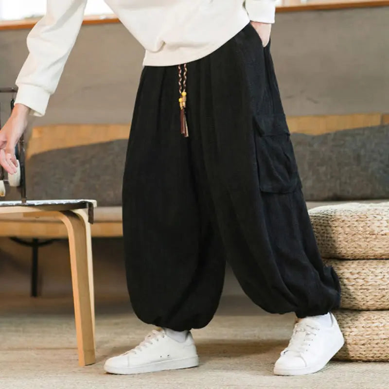 Buddha Stones Fall Winter Men's Drawstring Chenille Corduroy Cargo Pants With Pockets BS