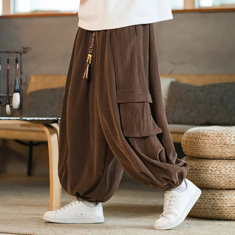 Buddha Stones Fall Winter Men's Drawstring Chenille Corduroy Cargo Pants With Pockets BS