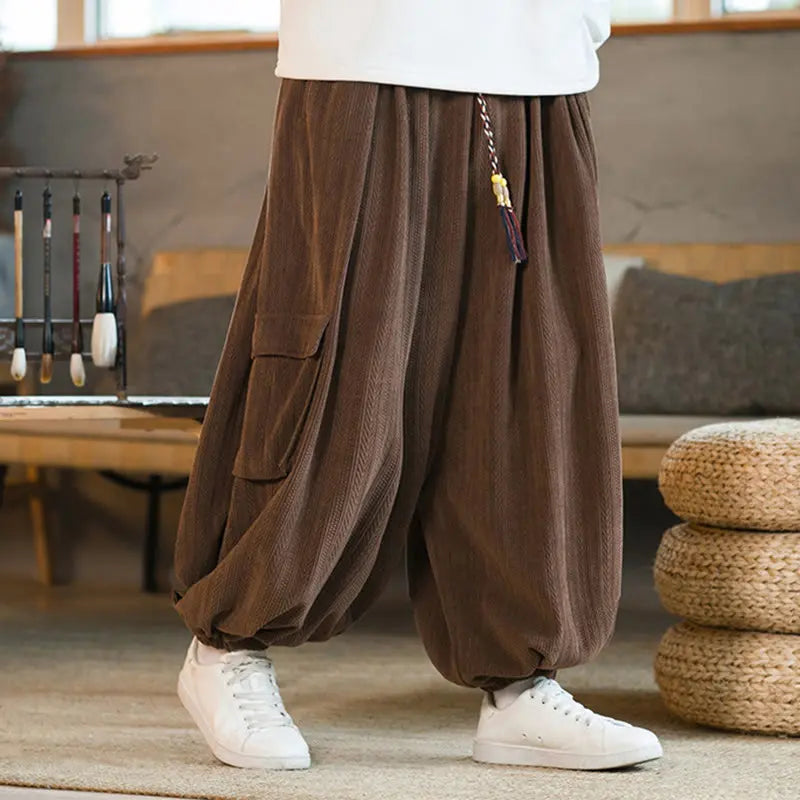 Buddha Stones Fall Winter Men's Drawstring Chenille Corduroy Cargo Pants With Pockets BS