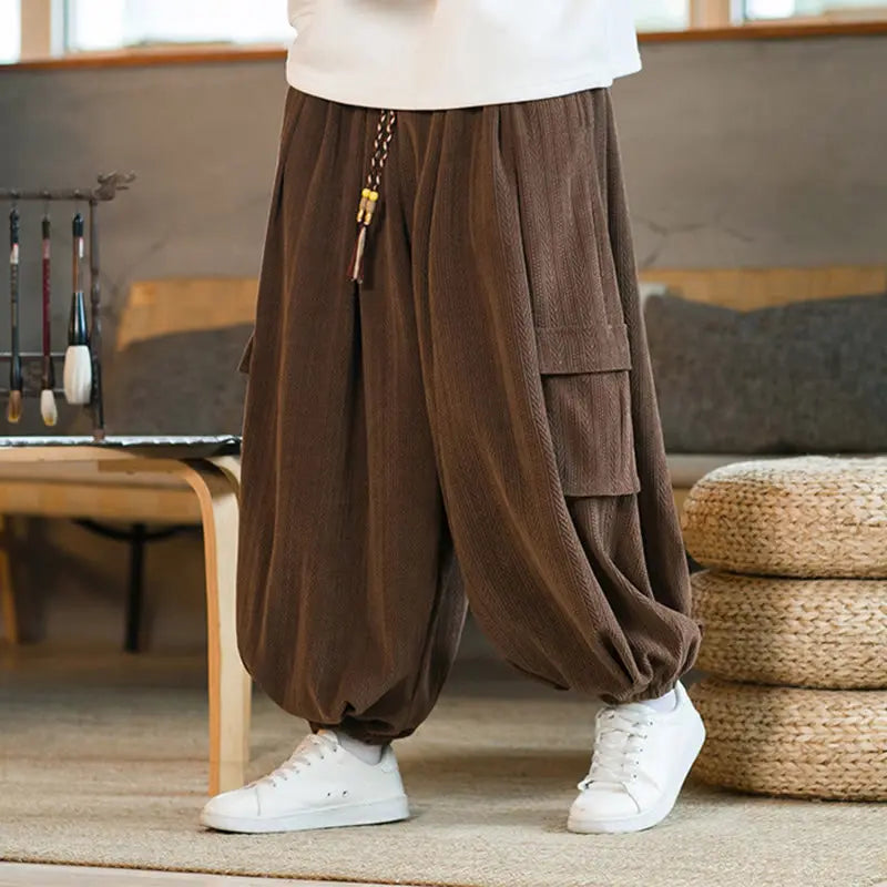 Buddha Stones Fall Winter Men's Drawstring Chenille Corduroy Cargo Pants With Pockets BS