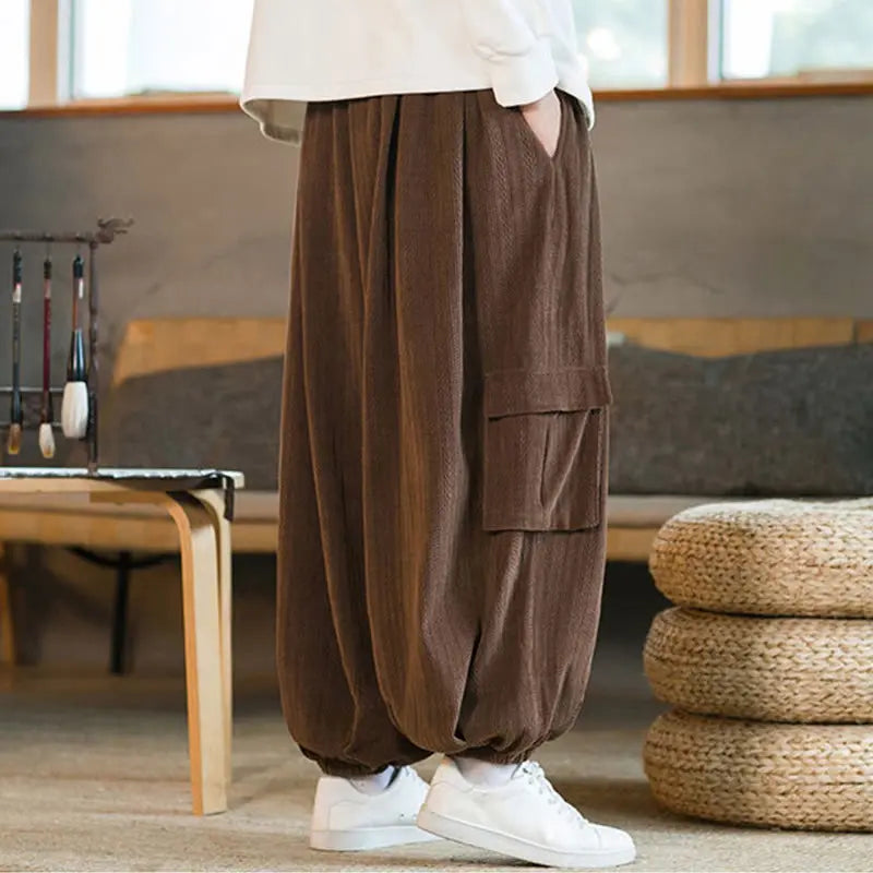 Buddha Stones Fall Winter Men's Drawstring Chenille Corduroy Cargo Pants With Pockets BS