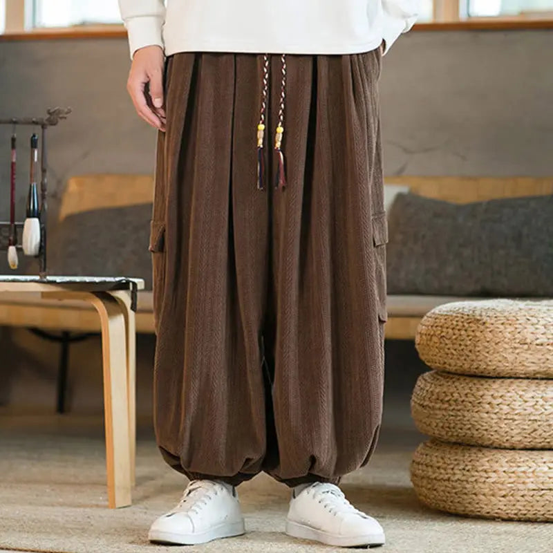 Buddha Stones Fall Winter Men's Drawstring Chenille Corduroy Cargo Pants With Pockets BS