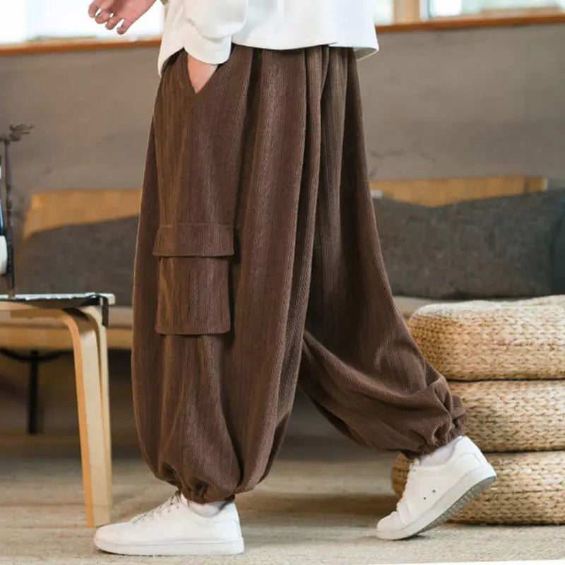 Buddha Stones Fall Winter Men's Drawstring Chenille Corduroy Cargo Pants With Pockets BS