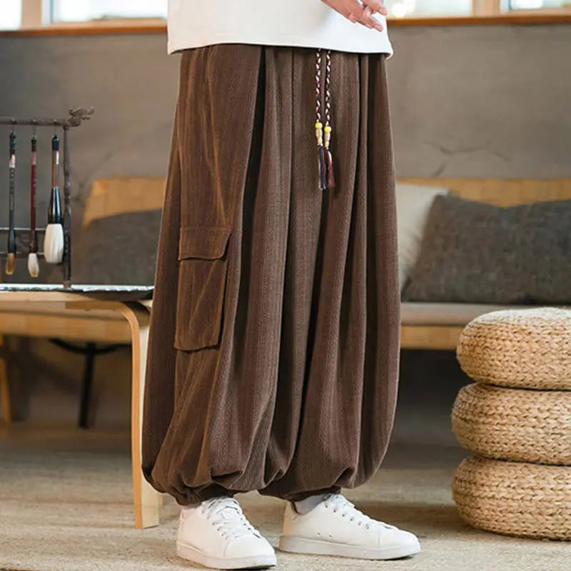 Buddha Stones Fall Winter Men's Drawstring Chenille Corduroy Cargo Pants With Pockets BS