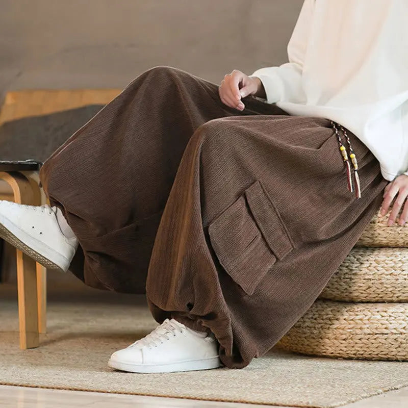 Buddha Stones Fall Winter Men's Drawstring Chenille Corduroy Cargo Pants With Pockets BS