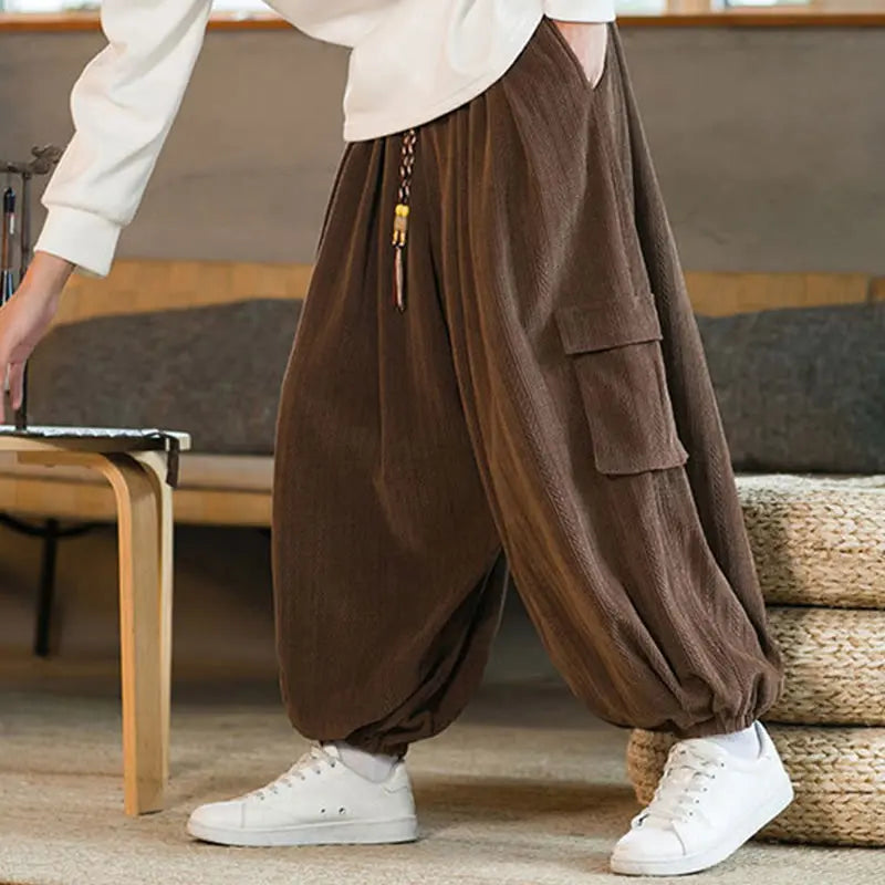 Buddha Stones Fall Winter Men's Drawstring Chenille Corduroy Cargo Pants With Pockets BS