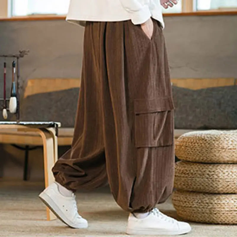 Buddha Stones Fall Winter Men's Drawstring Chenille Corduroy Cargo Pants With Pockets BS
