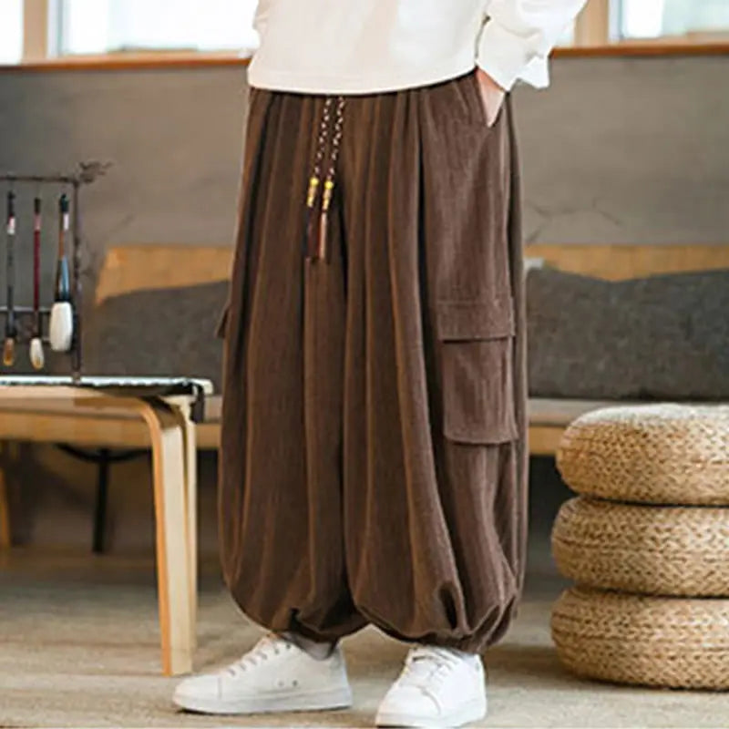Buddha Stones Fall Winter Men's Drawstring Chenille Corduroy Cargo Pants With Pockets BS