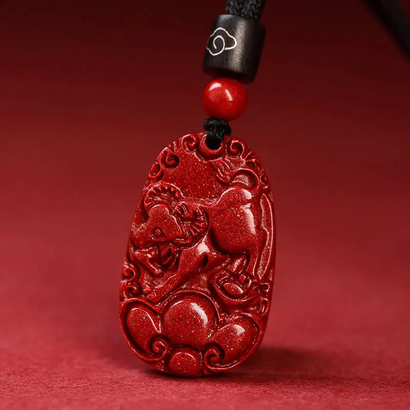 Buddha Stones Chinese Zodiac Black Rope Cinnabar Calm Necklace Pendant BS