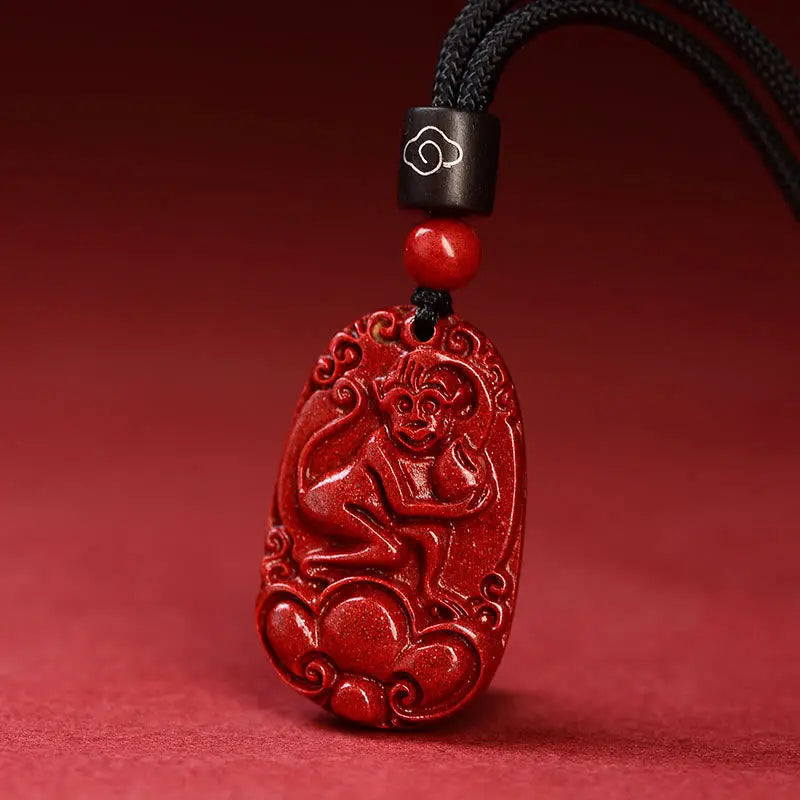 Buddha Stones Chinese Zodiac Black Rope Cinnabar Calm Necklace Pendant BS