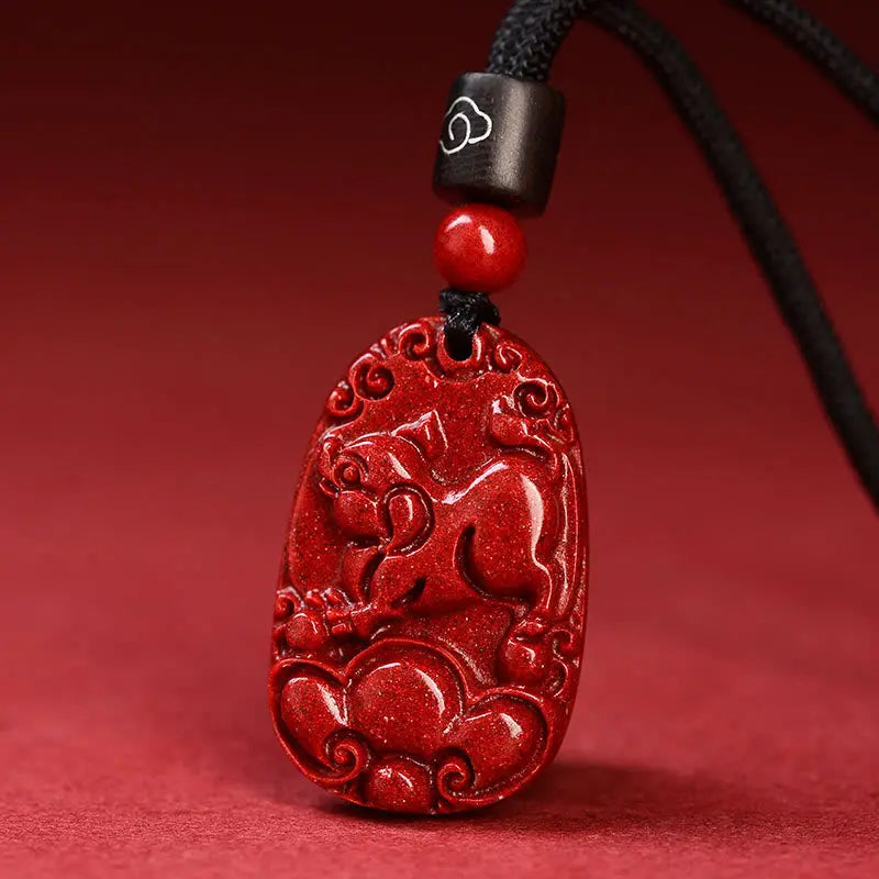 Buddha Stones Chinese Zodiac Black Rope Cinnabar Calm Necklace Pendant BS