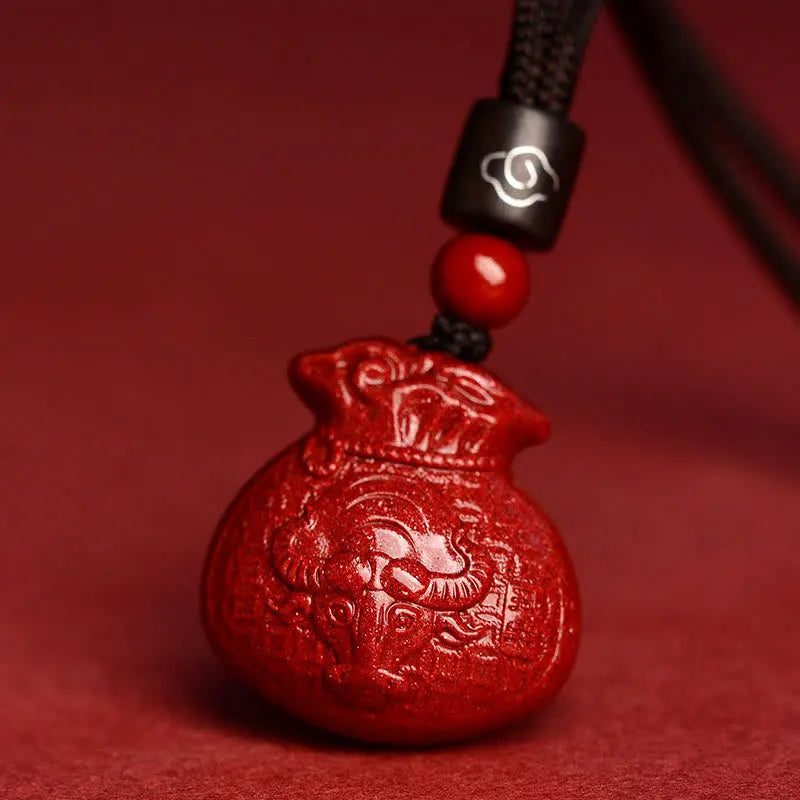 Buddha Stones Chinese Zodiac Money Bag Shape Cinnabar Calm Necklace Pendant BS